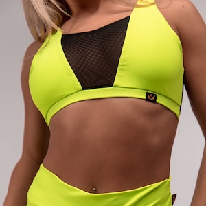 Neon Green Dance Cropped Top, Mesh Back Top, Rave Top, Heels Dance Top, Pole Dance Halter Top, Yoga Training Gym Wear, Tomorrowland, Twerk image 1