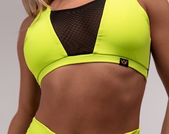 Neon Green Dance Cropped Top, Mesh Back Top, Rave Top, Heels Dance Top, Pole Dance Halter Top, Yoga Training Gym Wear, Tomorrowland, Twerk