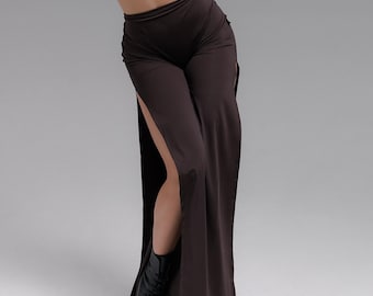 Flowing High-Waist Dance Pants, High Slit Rave Outfit, Viscose Spandex Trousers