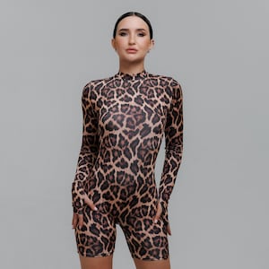 ヒョウ柄シースルーロンパース、シースルーメッシュボディスーツ、長袖ボディスーツ、レイブ衣装、フィッシュネットボディスーツ、エキゾチックダンスウェア、ストリッパー衣装