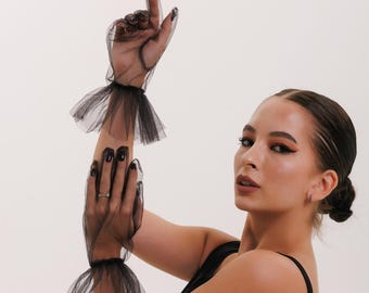 Sheer Black Gloves, Tulle Opera Gloves, Sheer Mesh Party Gloves, Ruffle Sheer Gloves, Crystal Gloves, Bridal Gloves, Gloves for Dance
