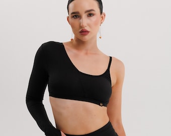Asymmetric Black Crop Top, One Sleeve Dance Rave Outfit