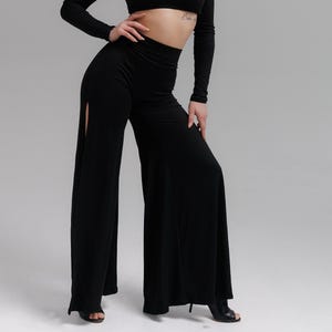 Black Wide Leg Slit Dance Pants, High-Waist Flowing Trousers