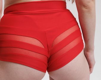 Red pole dance shorts, High-waisted cheerleading booty shorts with back garters, Heels dance Booty shorts, Twerk Hot pants Dance gift