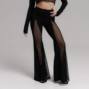 Festival Netzhose, Transparente Hose für Pole Dance, Durchsichtige Netzhose, Schwarze Schiere Netzhose, Hoch taillierte Disco Hose, Rave Outfit