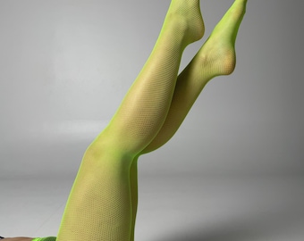 Neon Green Fishnet Tights, Panty Hose, Fishnet Lingerie, Fishnet Stockings, Rave Outfits, Sheer Mesh Tights, See Through, Transparent Tights