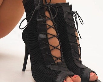 Skórzane, sznurowane, odkryte palce, buty do tańca, damskie, do występów