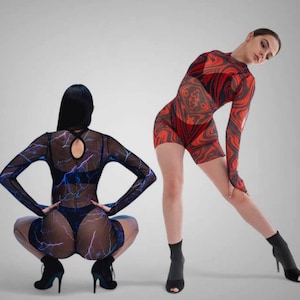 Mesh Dance Rave Costume Color Print, Women Rave Bodysuit, Mesh Jumpsuit for Dance, Festival Dance Costume, Dance Wear Gift for Dancer