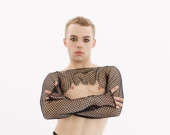 Black Transparent Rave Top, Black Men's Mesh Long Sleeve Crop Top, Performance Men Top, Festival Male Crop Top, See Through Crop Top