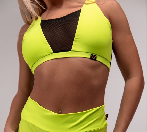 Neon Green Dance Cropped Top, Mesh Back Top, Rave Top, Heels Dance Top, Pole Dance Halter Top, Yoga Training Gym Wear, Tomorrowland, Twerk