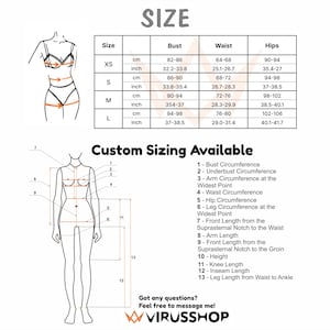May include: A size chart for women's clothing with measurements in inches and centimeters. The chart includes bust, waist, and hip measurements for sizes XS, S, M, and L. A diagram shows how to measure different parts of the body for custom sizing.