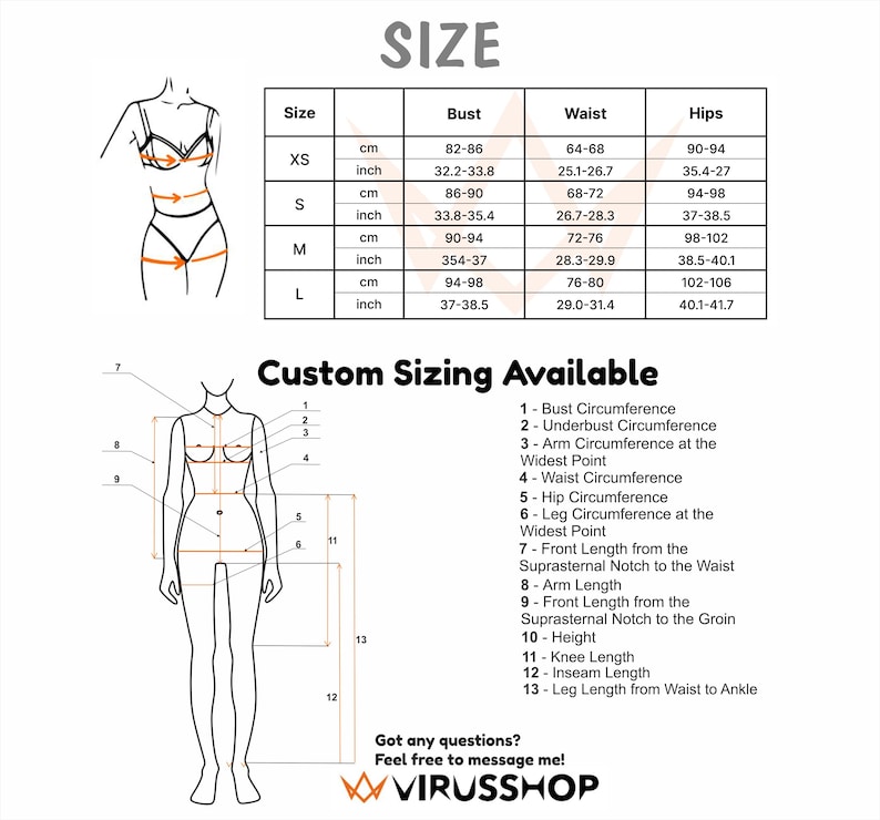 May include: A size chart for women's clothing with measurements in inches and centimeters. The chart includes bust, waist, and hip measurements for sizes XS, S, M, and L. A diagram shows how to measure different parts of the body for custom sizing.