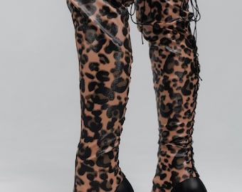 Leopard Print Dance Boots, Eco Leather, Lace-Up Aerial Costume Accessories