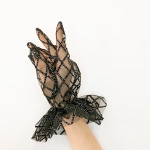 Glitter Tulle Opera Gloves, Sparkly Sheer Party Gloves, Glitter Bridal Gloves, Gloves for Dance, tulle gloves, mesh gloves, Black gloves