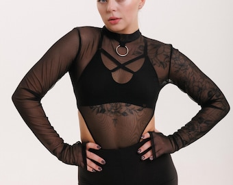 Body de rejilla negro, body de malla transparente, conjuntos para rave, body transparente para festival, conjunto de club con espalda descubierta, ropa exótica transparente