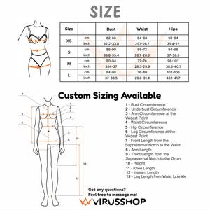 May include: A size chart with bust, waist, and hip measurements in inches and centimeters. The chart includes sizes XS to L. A diagram illustrates custom sizing measurements, including bust, waist, and hip circumference.