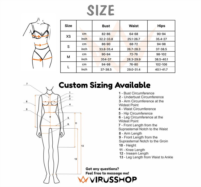 May include: A size chart with bust, waist, and hip measurements in inches and centimeters. The chart includes sizes XS to L. A diagram illustrates custom sizing measurements, including bust, waist, and hip circumference.
