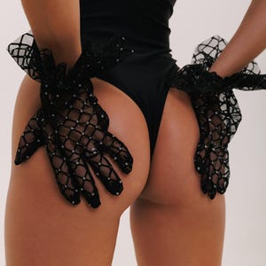 Schwarze durchsichtige Handschuhe für Tanz, Glitzer-Tüll, Opernhandschuhe, Handschuhe für Veranstaltungen, Partys, funkelnde durchsichtige Partyhandschuhe, Brauthandschuhe, Netzhandschuhe