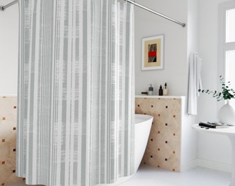 Rideau de douche moderne milieu de siècle | Rideau de douche gris à fines rayures | rideau de douche bohème minimaliste | Décoration de salle de bain vintage contemporaine