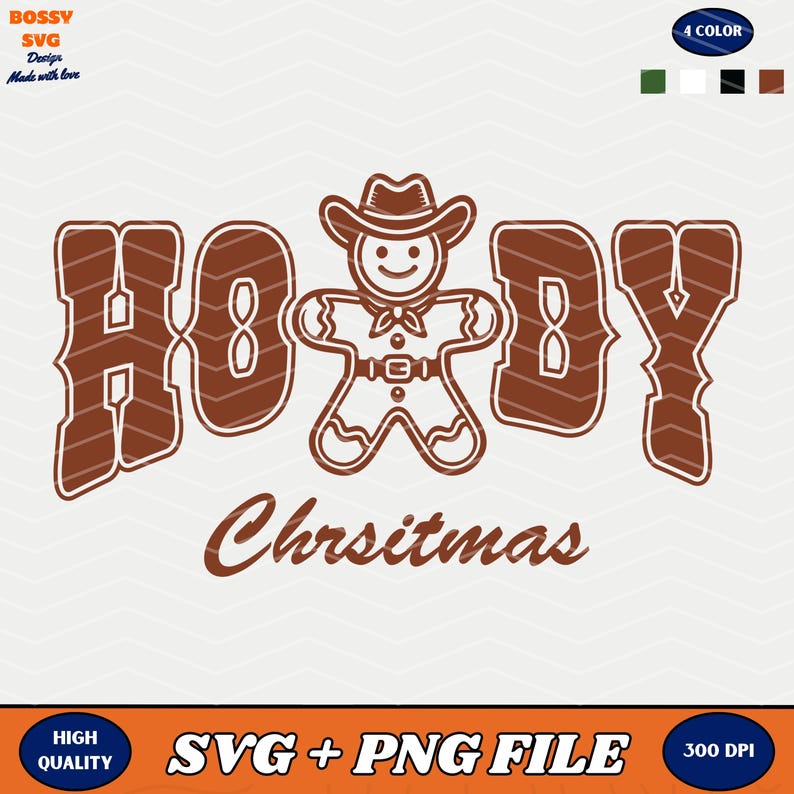 May include: A brown gingerbread man wearing a cowboy hat and a red bandana with the text "HOŽDY Christmas" in brown letters.