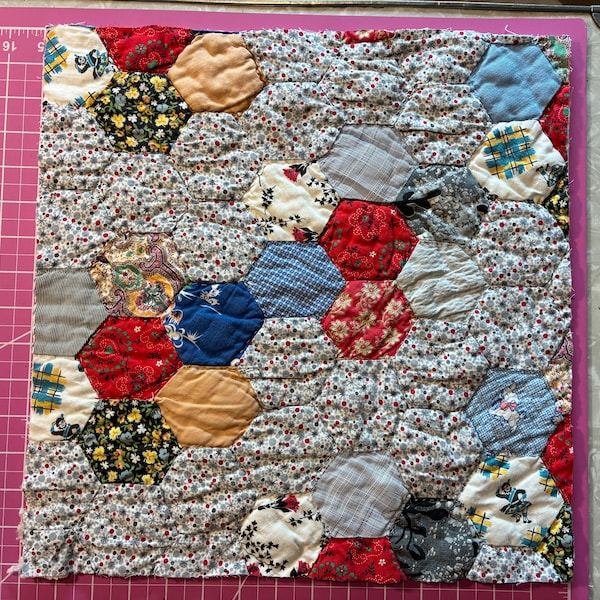 Hexagon Quilt PIECE, Antique Quilt Piece, Hand Quilted, Vintage Cutter Quilt Piece, Repurposed, Great for Crafting