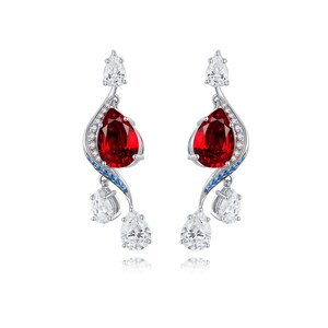 Pendientes colgantes de rubí en forma de lágrima en plata de ley 925, pendientes colgantes de piedra preciosa roja, joyería de la piedra natal de julio, elegantes pendientes de novia, regalo para ella.