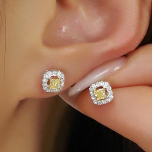 Cushion Cut Halo Stud Earrings,Yellow Diamond Illusion Halo Stud Earrings In 14K,Designer Cushion Stud Earrings,Unique Halo Detail Earrings
