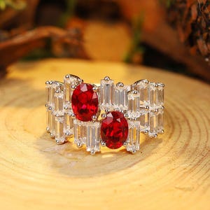 Oval Ruby Ring with Irregular Baguette CZ Accent,Sterling Silver Engagement Ring,Unique Baguette Band, Red Gemstone Ring Gift for Her