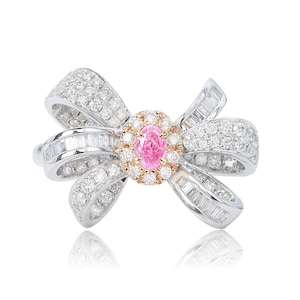 Diamond Ring,Bow Ring,14K White Gold Oval Fancy Pink Diamond Bow Ring, Dainty Bow Ring,18K Baguette and Round Diamond Bow Ring,Gift For Her