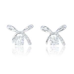 Small Ribbon Bow Earrings,Solid 14K White Gold Stud Earrings,Natural Diamond Ribbon Push back Earrings,Dainty Cartilage Earrings Studs.