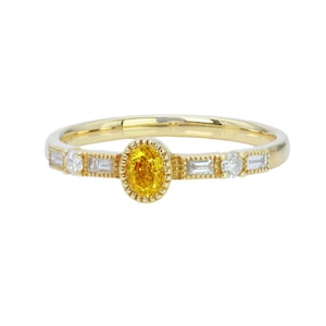 Vintage Natural Yellow Diamond Engagement Ring,Bezel Setting Oval Cut Diamond Wedding Ring,14K Gold Baguette And Round Diamond Wedding Ring