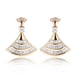 Rose Gold Dangle Fanshaped Earrings,Dangle Earrings in 14K Gold,Baguette Drop Studs,Push Back Baguette and Round Diamond Earring,Gift To Her