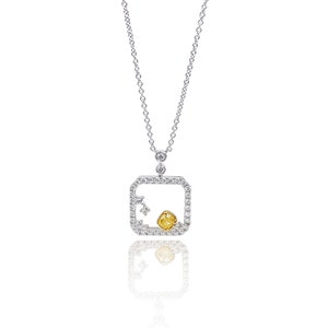 14K White Gold 0.36 CTW Cushion Yellow Diamond Necklace,Cluster Diamond Necklace,Open Square Diamond Pendant,Real Natural Diamond Necklace.