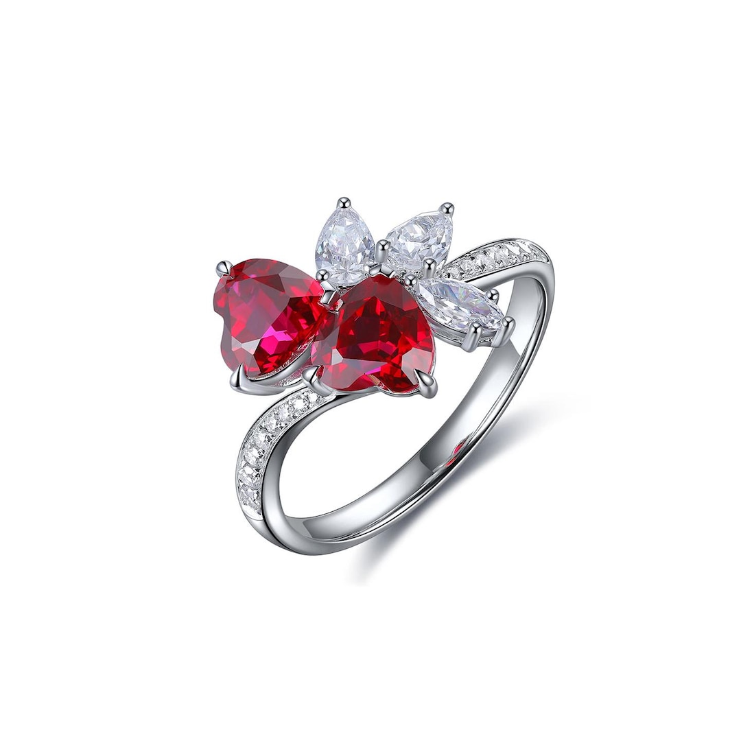 Heart Cluster Ruby Engagement Ring – Sterling Silver Vintage Art Deco ...