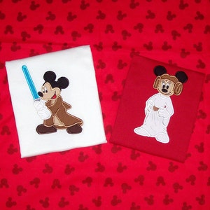 Mickey Jedi Lightsaber or Minnie Princess Leia Boy or Girl Applique T-shirt - Monogram Option - Birthday brother sister - Star Wars
