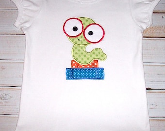 Cute Nerdy Bookworm applique short or long sleeve t-shirt - back to school tee - books - glasses