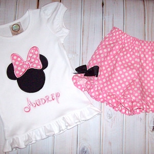 Minnie Mouse Pink Polka Dot Applique Shirt and Ruffle Shorts OR Pants OR Capris Minnie Birthday Party School Vacation image 1
