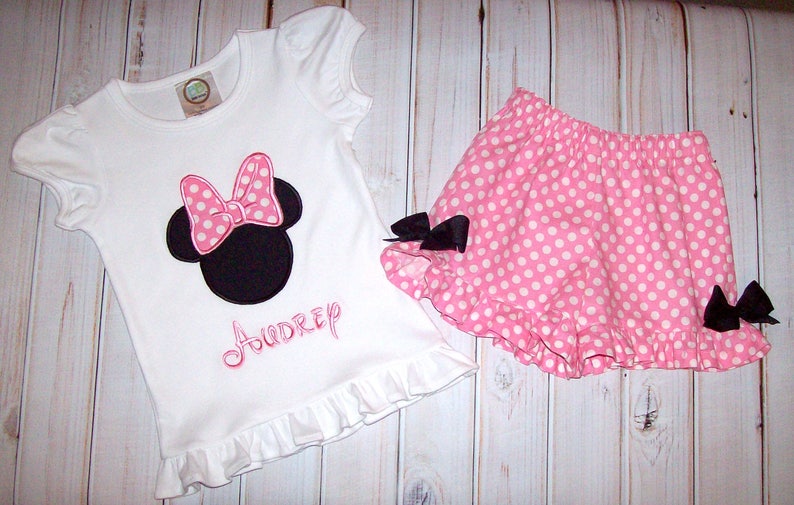 Minnie Mouse Pink Polka Dot Applique Shirt and Ruffle Shorts OR Pants OR Capris Minnie Birthday Party School Vacation image 1