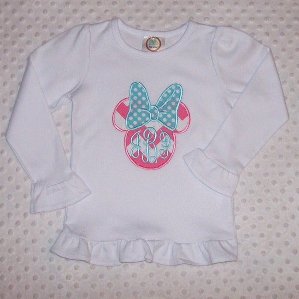 Minnie Mouse with Bow Applique Pink Chevron and Aqua Polka Dot Short or Long Sleeve Ruffle T-shirt or Bodysuit - Disney Vacation or Birthday