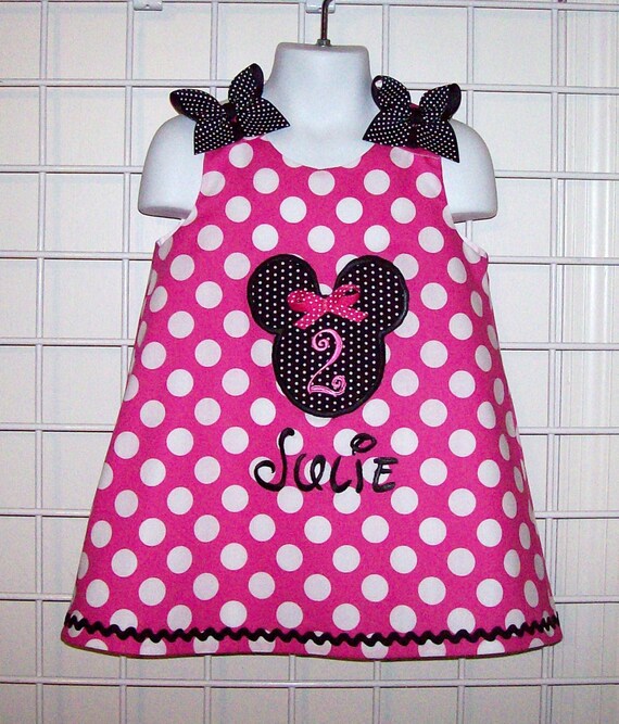 Hot Pink Dot Minnie Mouse Applique with Monogram A-line Dress Birthday Age  Number