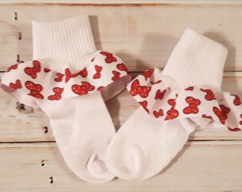 Minnie Mouse Printed Ruffle Ribbon Socks - Vacation socks - School socks - Pictures