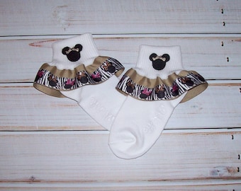 Minnie Mouse Applique Safari Khaki and Zebra Minnie Animal Print Double Ruffle Ribbon Socks - zoo socks - animal kingdom socks