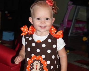 Chocolate Brown Polka Dot Thanksgiving FALL Turkey Applique with Monogram Initial Dress