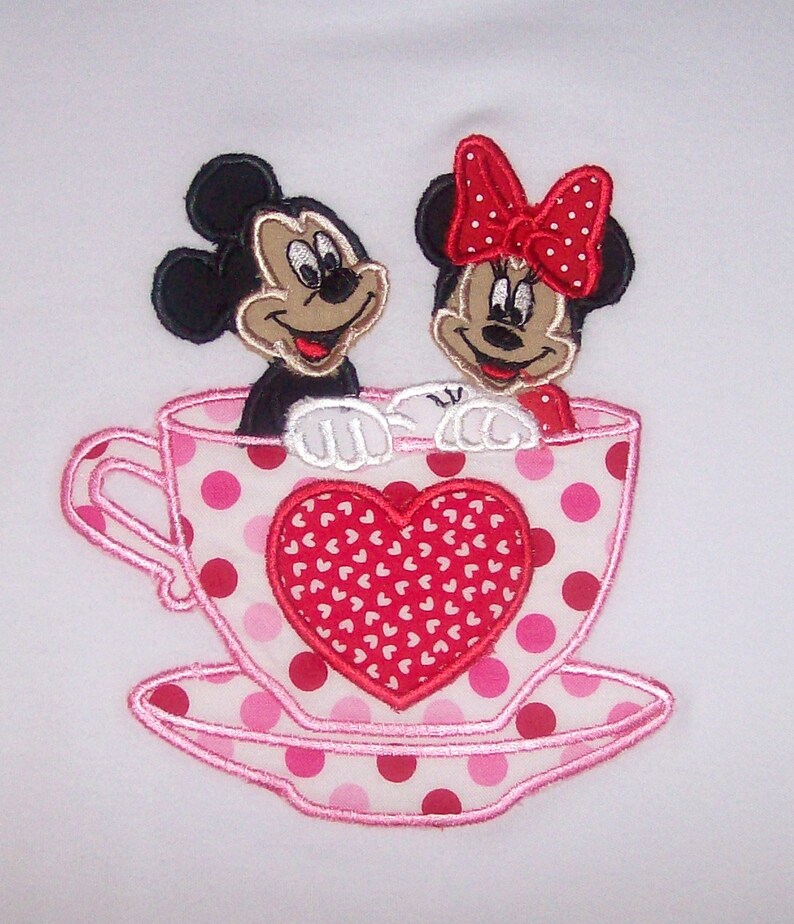 Sample SALE Mickey And Minnie Cup And Saucer Heart Applique White SS Shirt Size 6--Vacation--Birthday--Valentines