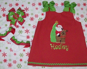 Red with Lime Dot Santa Claus and Reindeer Applique Monogram Dress  Christmas Holiday Party Santa Pictures