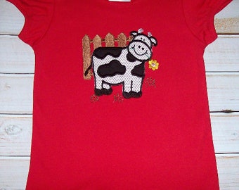 Cow with Fence Applique T-shirt Short or Long Sleeve - Barn Farm Shirt - Farm Birthday Party Shirt
