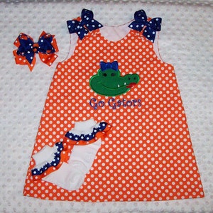 Girly Gator Alligator Applique Orange Polka Dot with Blue Dot Bows A-line Dress Football Cheerleader Game Day image 1