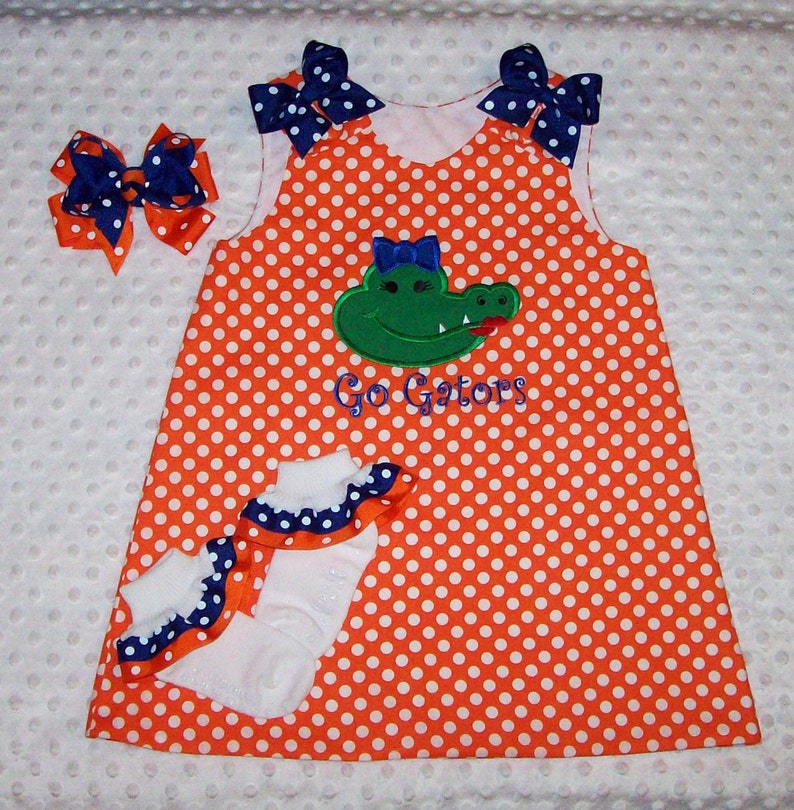 Girly Gator Alligator Applique Orange Polka Dot with Blue Dot Bows A-line Dress Football Cheerleader Game Day image 1