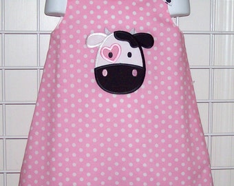 Cute Black and White COW Applique Monogram Pink Dot A-line Dress