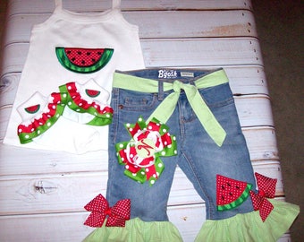 Watermelon Applique Lime Green Gingham Ruffle Capri Jeans optional tank top and/or socks or watermelon hair bow